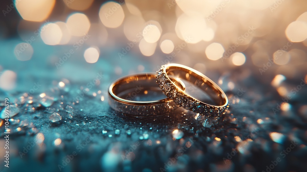 Sparkling Gold Wedding Rings on Bright Glittering Background Sparkling Gold Wedding Rings on Bright Glittering Background
