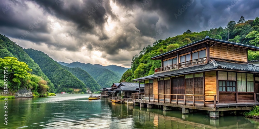 Fototapeta premium Close-Up Yakatabune boarding place on the Shimanto River under cloudy skies