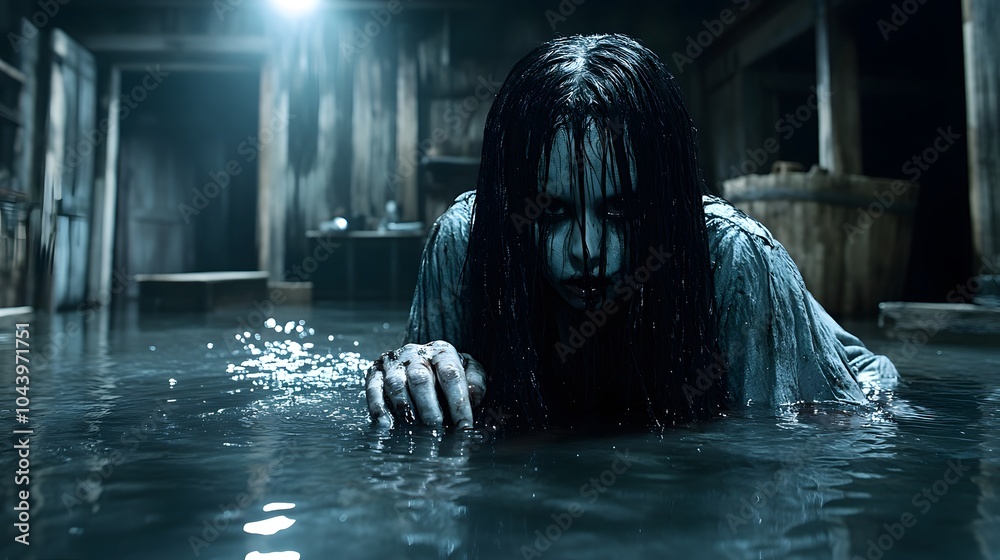 Haunting Figure Emerging from Dark Water in Abandoned Room Haunting Figure Emerging from Dark Water in Abandoned Room