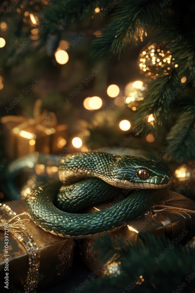 Green snake next to gifts in gold packaging, symbol of 2025 according to the Chinese calendar lunar new year Green snake next to gifts in gold packaging, symbol of 2025 according to the Chinese calendar lunar new year