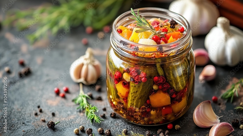 Assorted pickled vegetables packed tightly into a jar, with garlic, herbs, and spices scattered around on the table.