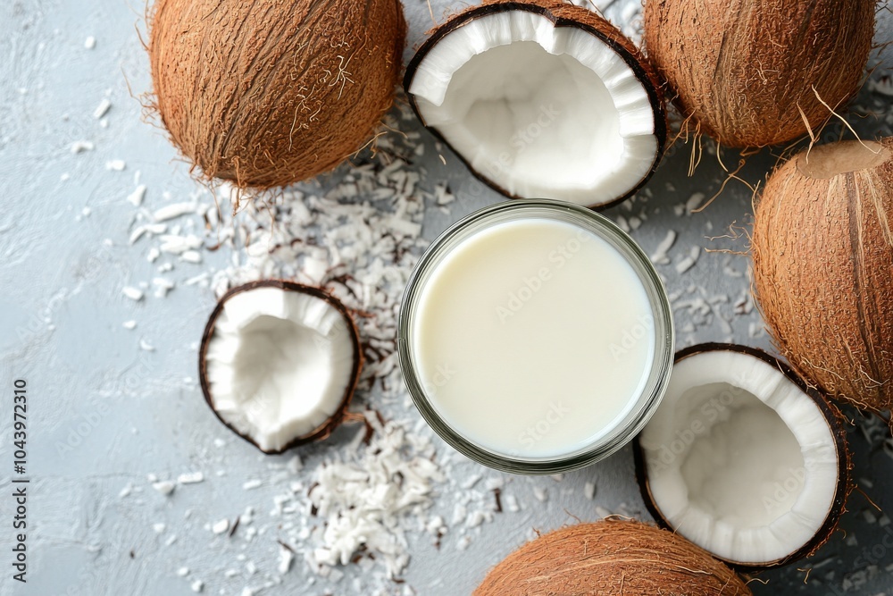 Creamy coconut milk in a glass beside fresh coconut halves on a rustic wooden table Creamy coconut milk in a glass beside fresh coconut halves on a rustic wooden table