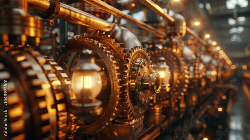 A close-up of a intricate gear system with lights. AI. A close-up of a intricate gear system with lights. AI.