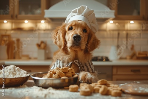 A dog in a chef's hat looks at the camera while surrounded by treats. AI.