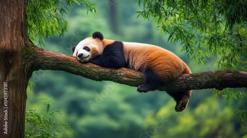 Lazy Panda Bear Sleeping on a Tree Branch, China Wildlife. Bifengxia nature reserve, Sichuan Province. photo