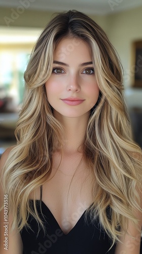 Young woman with long wavy blonde hair posing indoors in soft natural light during the day