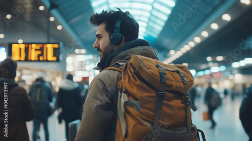 A Male Traveler with a Rugged Backpack Waiting at the Airport Gate, Listening to Music and Taking in the Busy Atmosphere of the Terminal