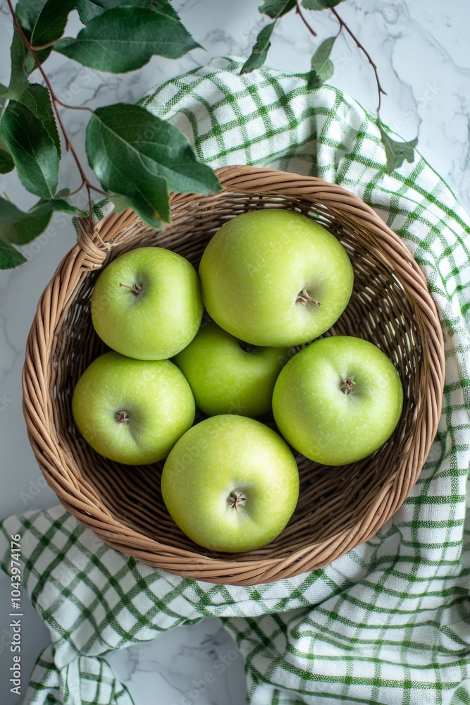 Fresh green apples arranged in a woven basket on a textured cloth background Fresh green apples arranged in a woven basket on a textured cloth background