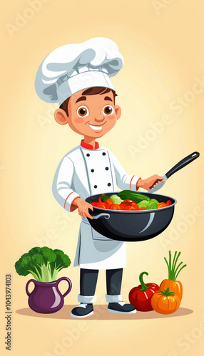 Chef cooking vegetables in a pan. Vector illustration of a cartoon character.	