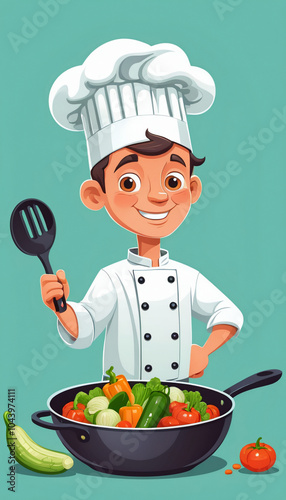 Chef cooking vegetables in a pan. Vector illustration of a cartoon character.	