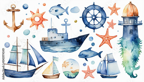 Watercolor marine elements for design and decoration. Great for postcards, posters, coupons, baby items design, decorative paper and any design
