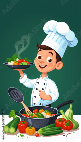 Chef cooking vegetables in a pan. Vector illustration of a cartoon character.	
