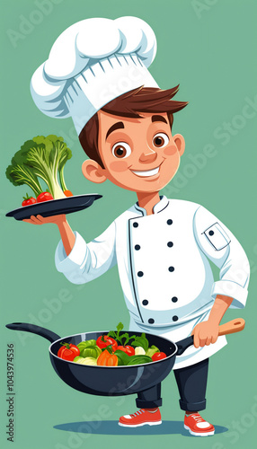 Chef cooking vegetables in a pan. Vector illustration of a cartoon character.	