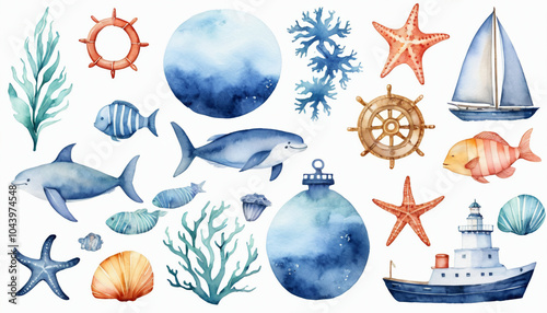 Watercolor marine elements for design and decoration. Great for postcards, posters, coupons, baby items design, decorative paper and any design
