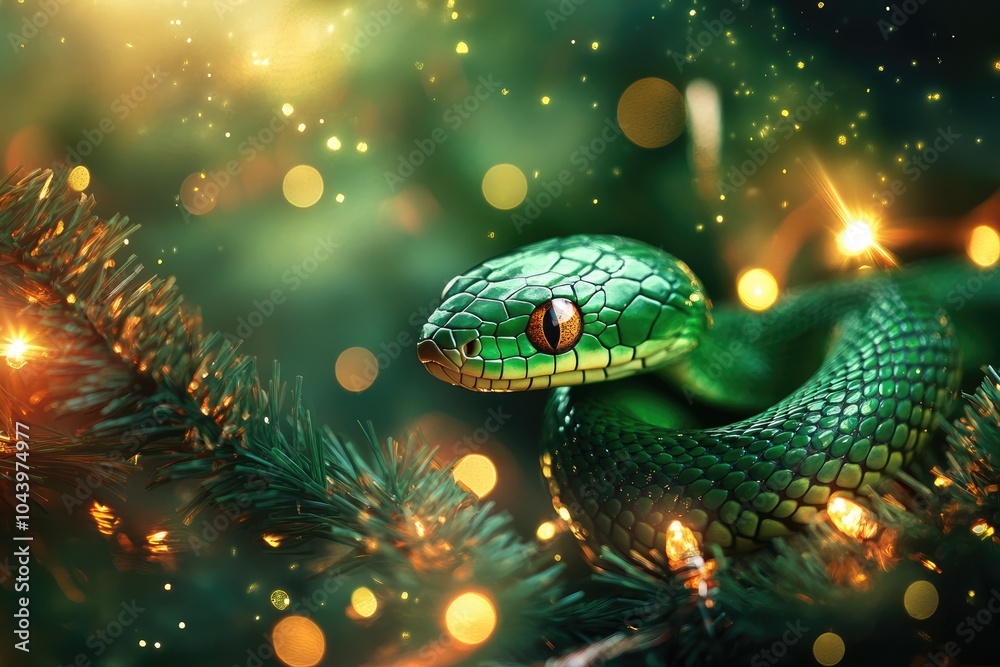 Green snake resting on an illuminated christmas tree branch, symbol of 2025 according to the Chinese calendar lunar new year Green snake resting on an illuminated christmas tree branch, symbol of 2025 according to the Chinese calendar lunar new year