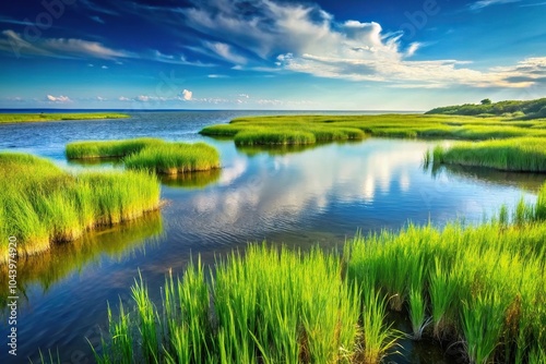 Coastal landscape with green grass and reeds