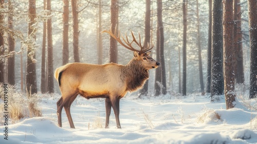 Noble deer male in winter snow forest. Artistic winter christmas landscape.