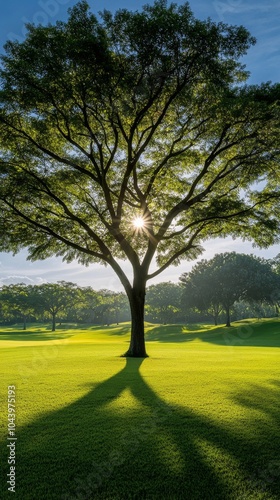 Sunlight shining through a large tree in a green landscape during late afternoon