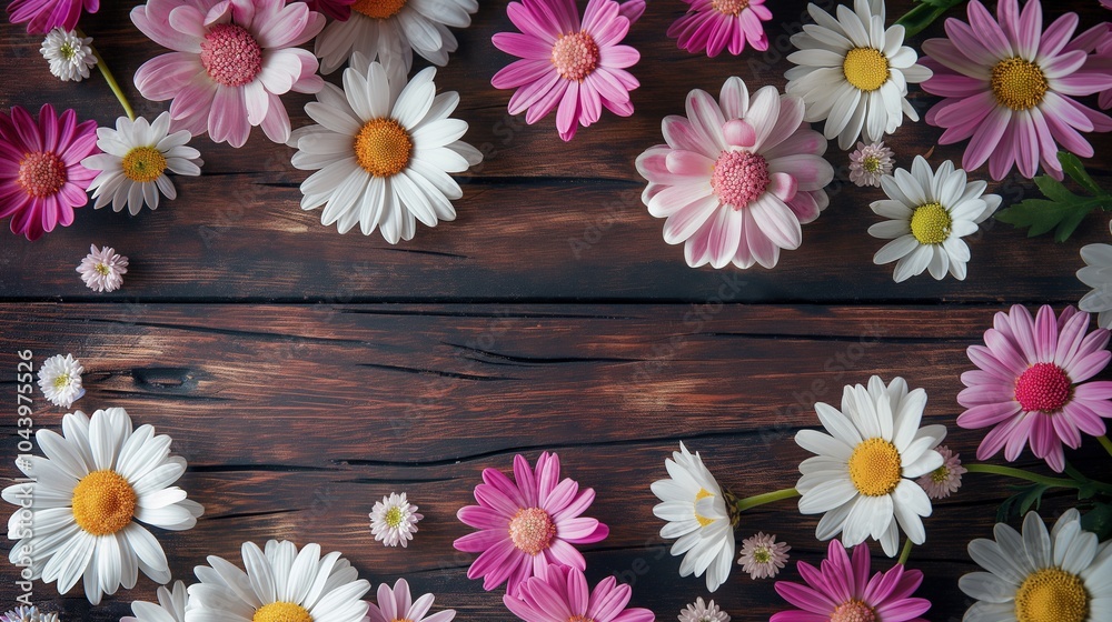 Obraz premium Vibrant flowers border on wooden table banner background copy space. Holiday celebration decoration image backdrop empty. Festive event concept composition top view, copyspace