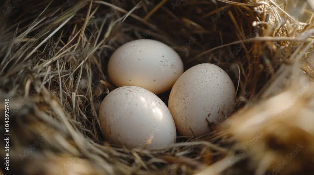 Eggs nestled in a nest of fresh straw, perfectly clean and smooth, waiting to be collected Eggs nestled in a nest of fresh straw, perfectly clean and smooth, waiting to be collected