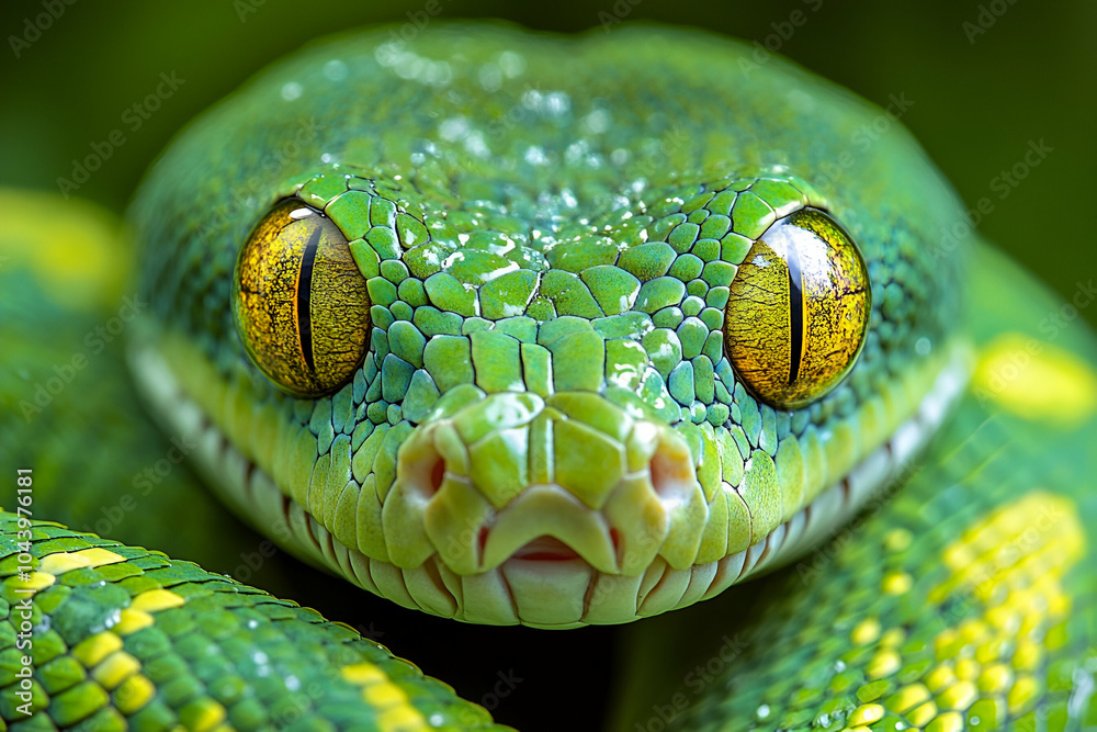Fototapeta premium A striking close-up of a vibrant green snake, showcasing its intricate scales and distinctive yellow eyes, highlighting the beauty of nature.