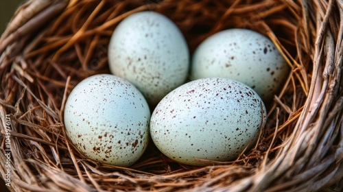 Eggs nestled together in a natural woven basket, each one perfectly shaped and slightly speckled.