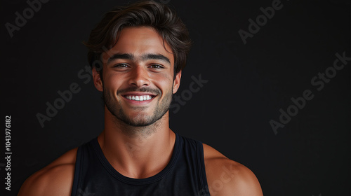 Portrait of a handsome, smiling young man in a black tank top, isolated on a dark background