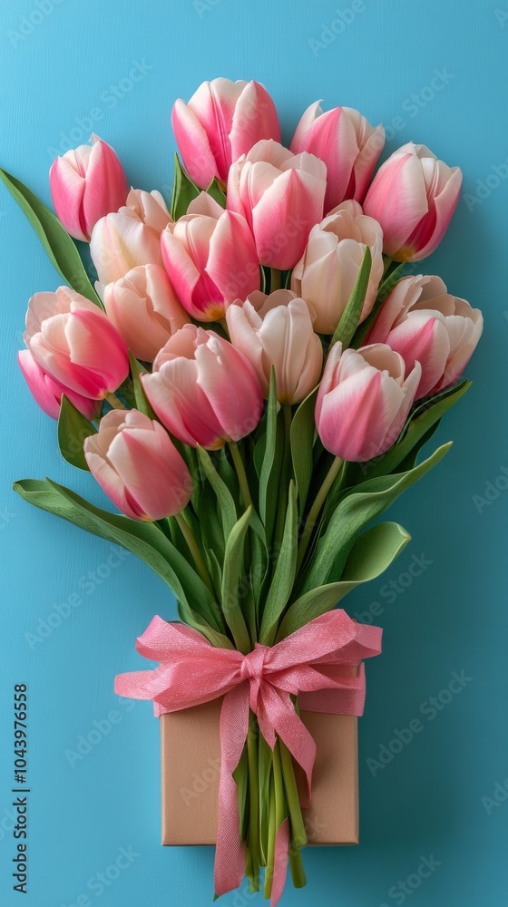 A bouquet of pink tulips arranged in a gift box with scattered petals on a blue background A bouquet of pink tulips arranged in a gift box with scattered petals on a blue background