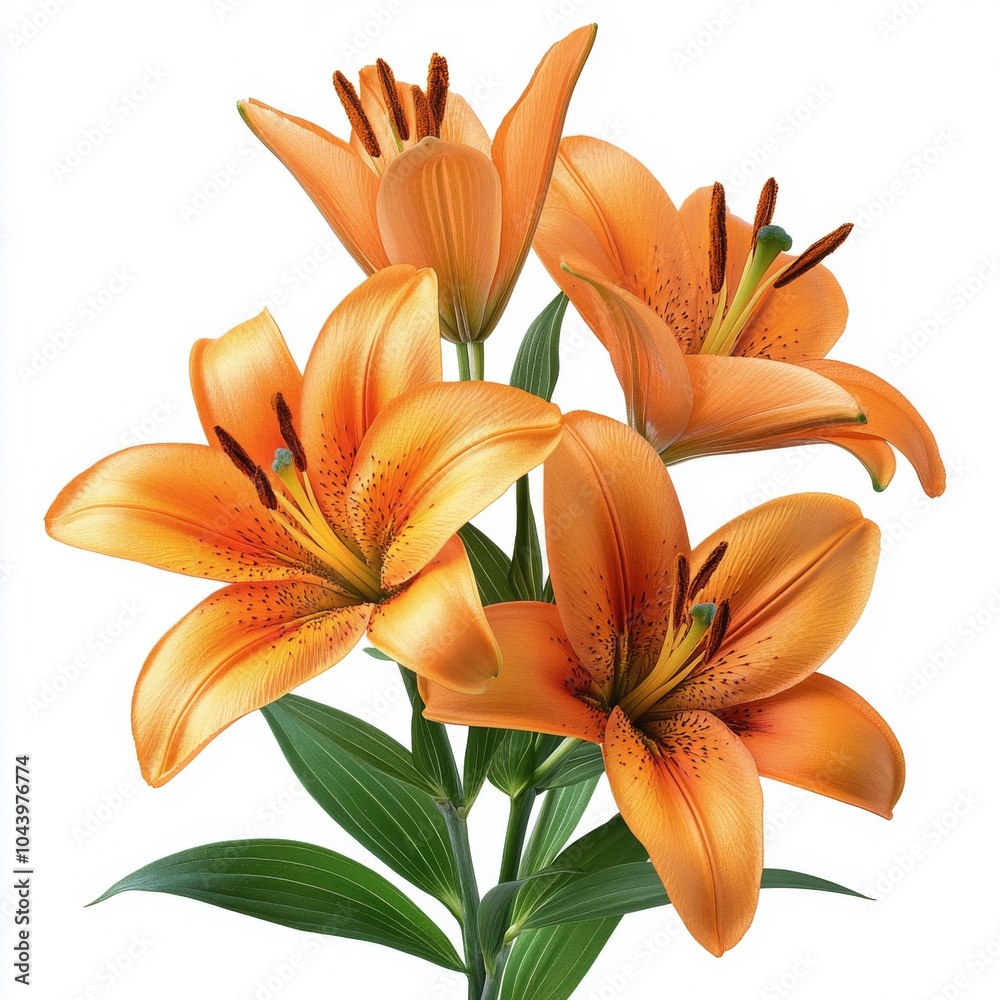 Obraz premium A beautiful bouquet of orange lilies with vibrant petals and green leaves against a plain background