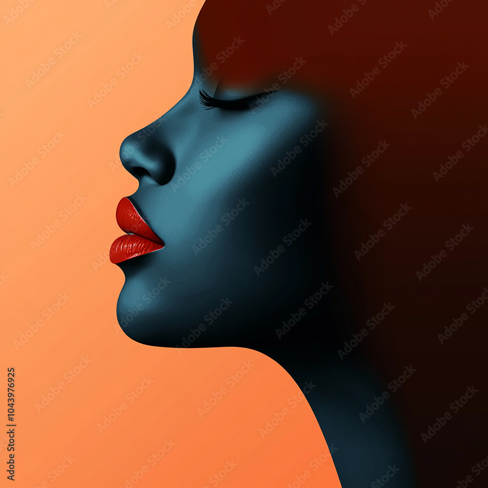 A black woman's face with red lipstick, half of her head is visible in profile on an orange and blue background, flat design, vector illustration style