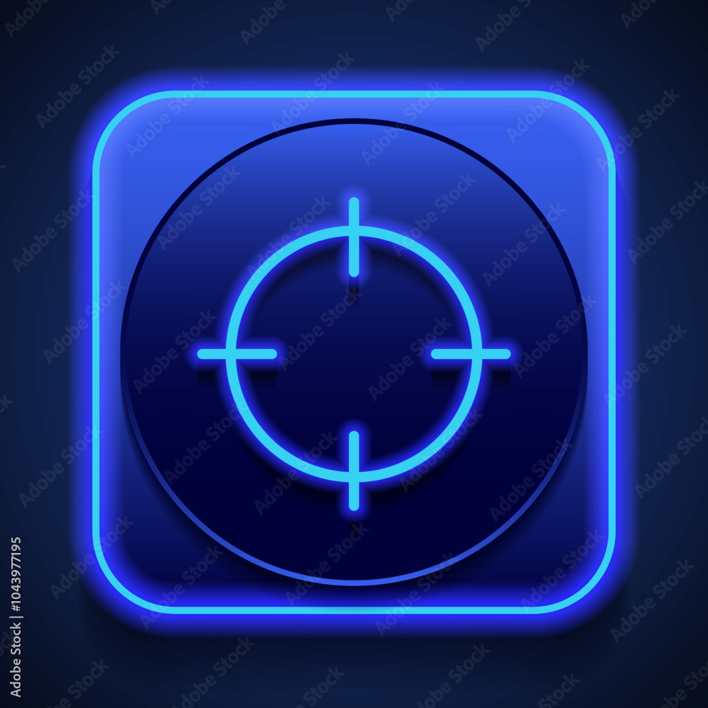 Aim simple icon vector. Flat design. Blue neon style on button. With shadow Aim simple icon vector. Flat design. Blue neon style on button. With shadow
