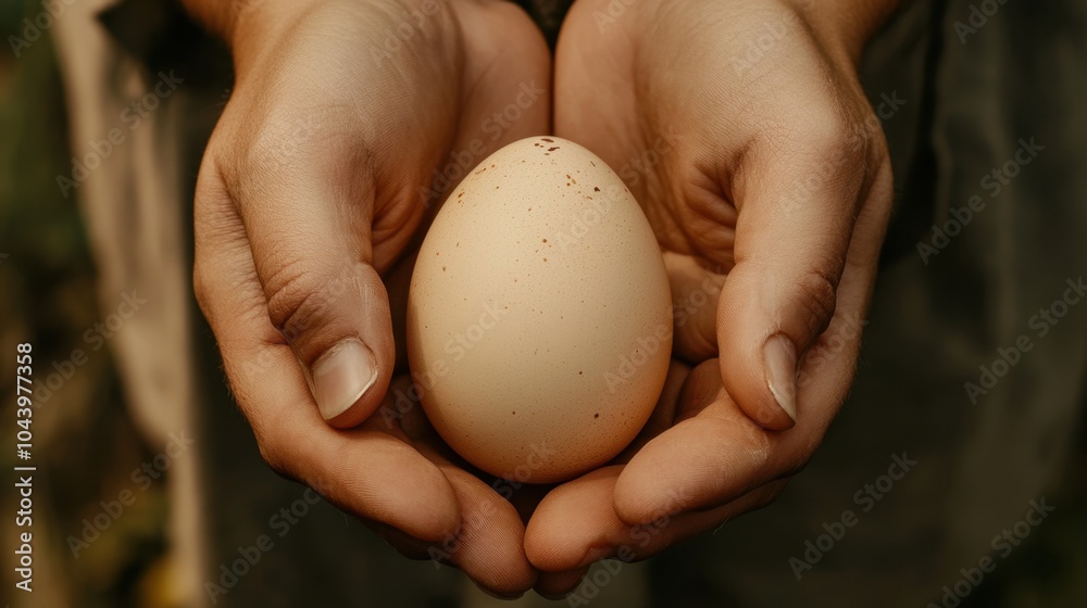 Hands gently holding a chicken egg, with the texture and natural imperfections of the shell clearly visible. Hands gently holding a chicken egg, with the texture and natural imperfections of the shell clearly visible.