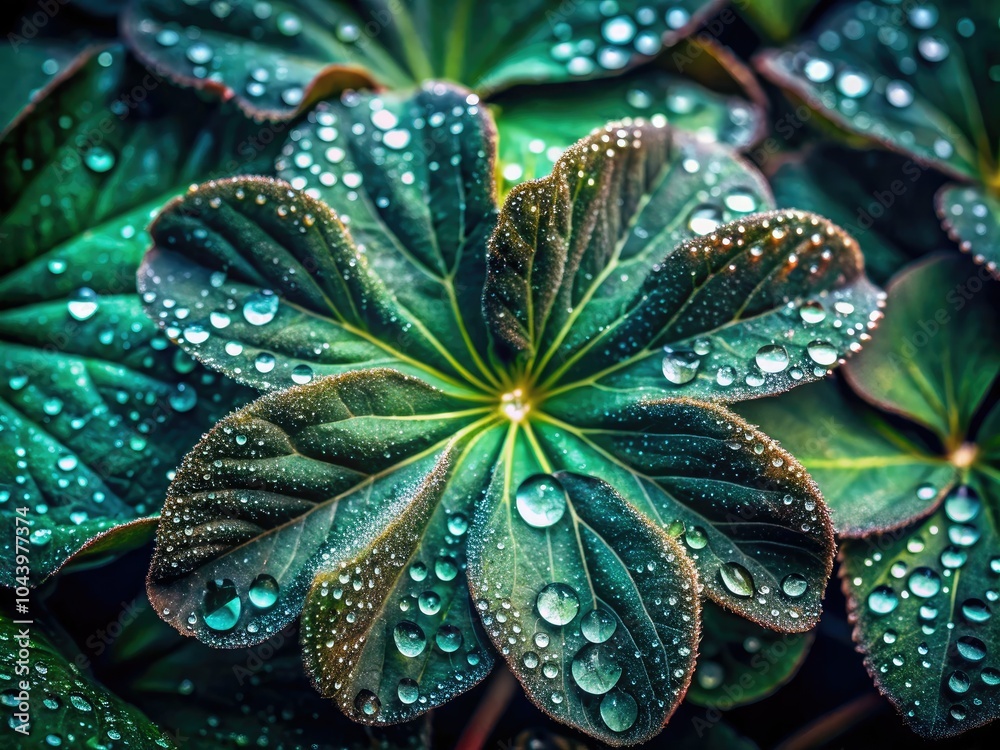 Lush macro shots of dark green leaves dotted with shimmering water droplets, ideal for captivating nature and plant illustrations that celebrate the harmony of flora. Lush macro shots of dark green leaves dotted with shimmering water droplets, ideal for captivating nature and plant illustrations that celebrate the harmony of flora.