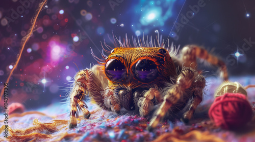 Cute spider knitting the fabric of reality. Jumping spider in space