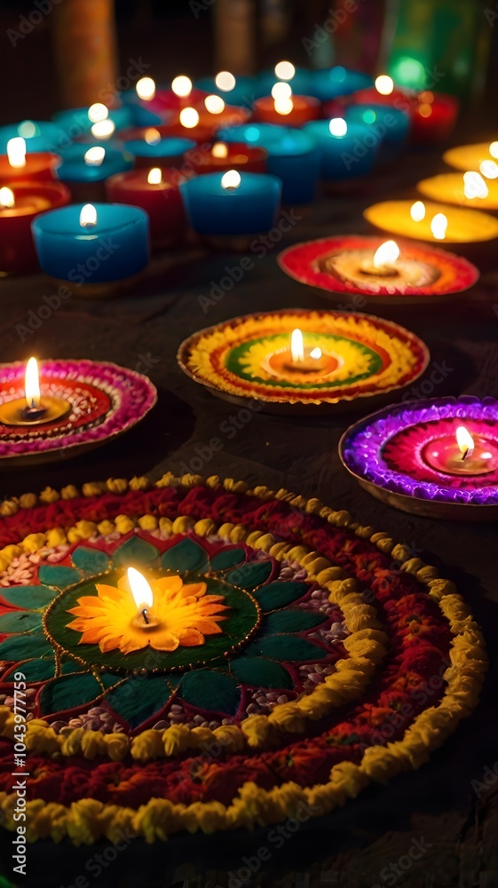 This AI-generated stock photography captures the vibrant essence of Diwali celebrations, showcasing intricate Rangoli designs paired with glowing light patterns. This AI-generated stock photography captures the vibrant essence of Diwali celebrations, showcasing intricate Rangoli designs paired with glowing light patterns.