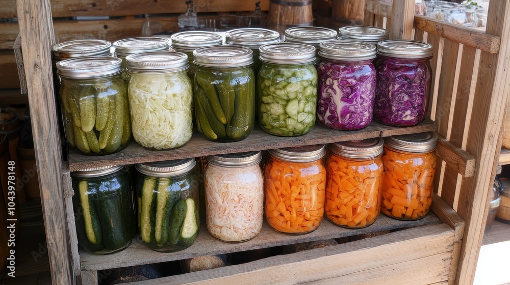 Jars of pickled vegetables stacked in a rustic wooden crate, with cabbage, cucumbers, and carrots in perfect detail.