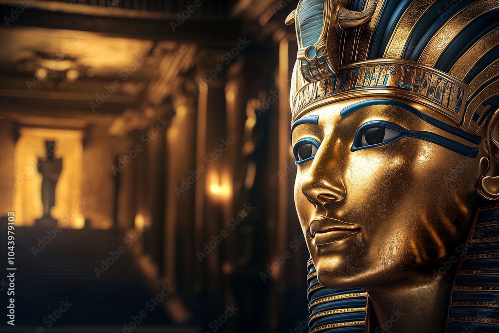 Intricate Golden Pharaoh Mask Close-Up View Intricate Golden Pharaoh Mask Close-Up View