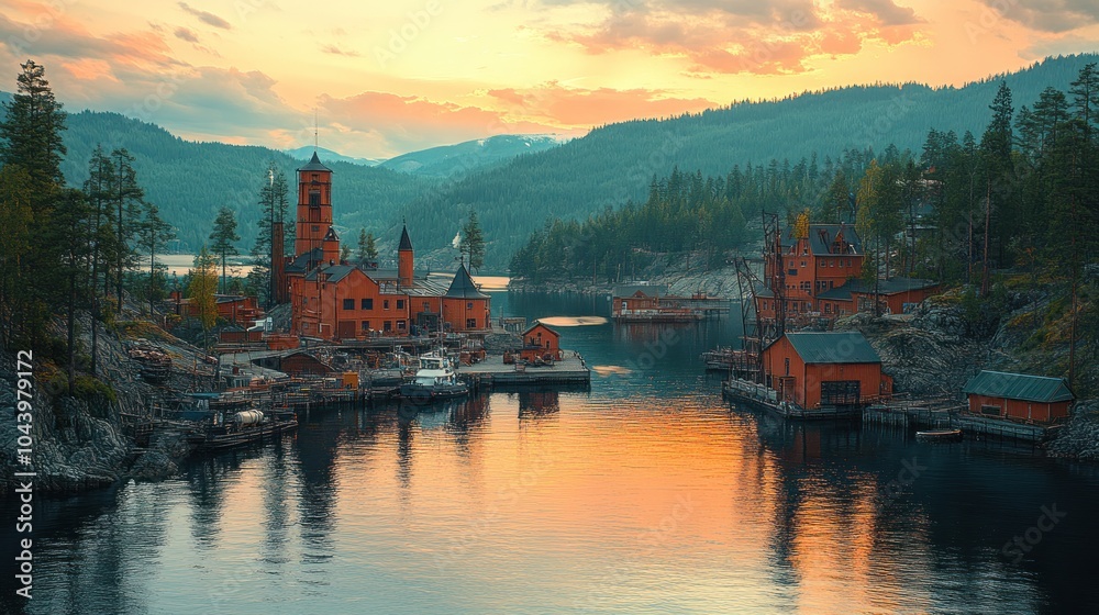 Fototapeta premium Serene lakeside village at sunset with reflections.