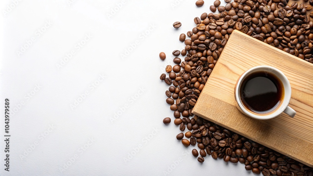 Naklejka premium Coffee beans and cup with COFFEE script on white background
