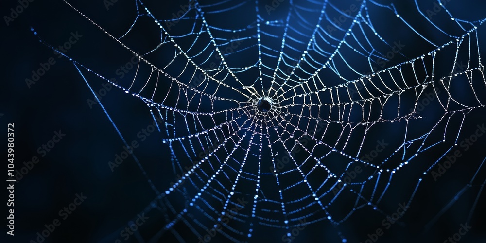 Naklejka premium A spooky spiderweb against a dark blue background, perfect for Halloween posters, banners, or scary illustrations.