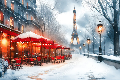 Cozy Parisian Café with red chairs and awnings covered in Snow, with the Eiffel Tower in background on Winter day, softly lit street lamps and gentle snowfall. Watercolour Illustration 