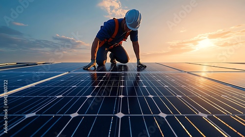 Worker installing solar panels on rooftop at sunset.