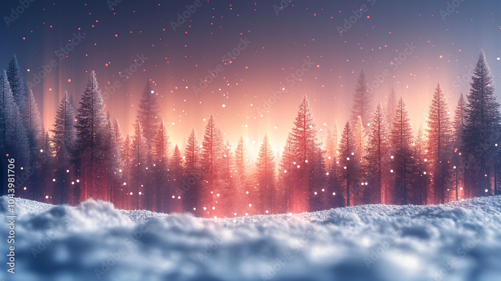 Snow-covered trees at sunset with falling snowflakes, concept of a winter fairytale and Christmas magic. Ideal for winter greeting cards and Christmas backgrounds Snow-covered trees at sunset with falling snowflakes, concept of a winter fairytale and Christmas magic. Ideal for winter greeting cards and Christmas backgrounds