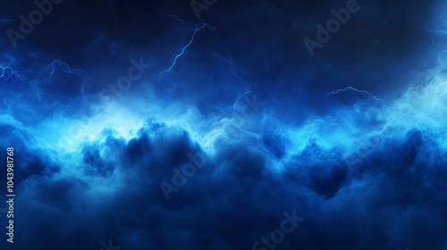 Realistic thunder light and blue smoke cloud bottom frame. Mysterious lightning glow border wide panoramic element