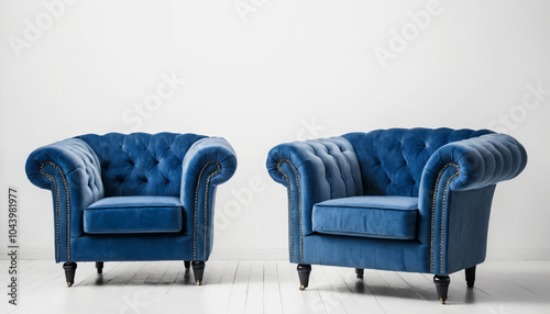 Blue velvet armchair on white background isolated