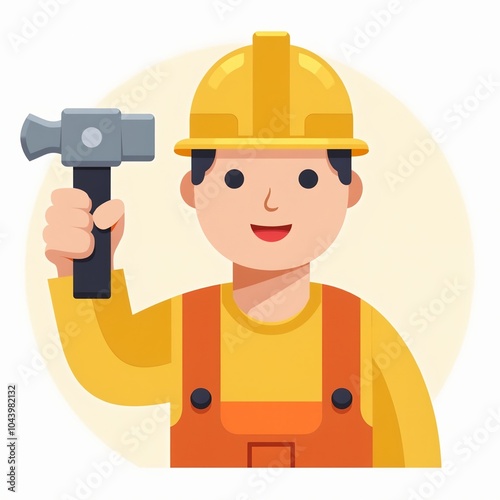 Flat design construction worker icon with yellow hard hat and hammer Bold orange and yellow colors