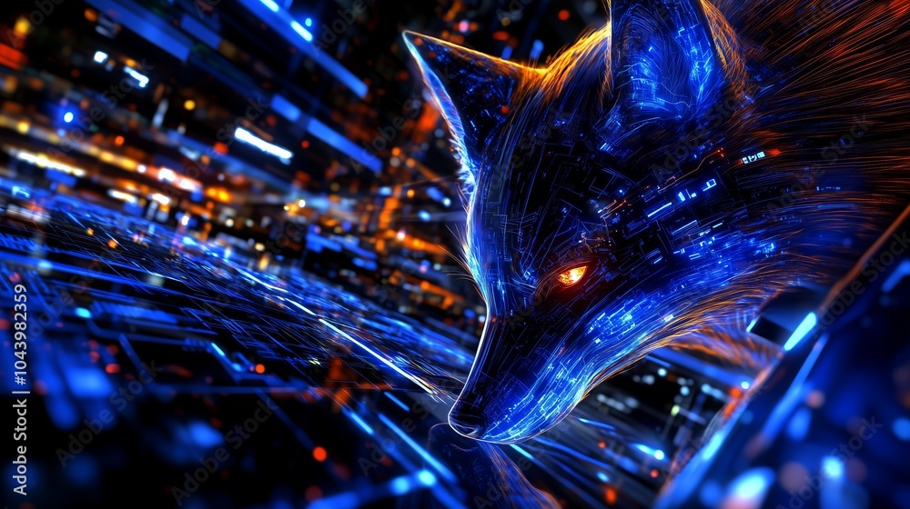 Fototapeta premium A stylized fox made of glowing blue and orange lines.