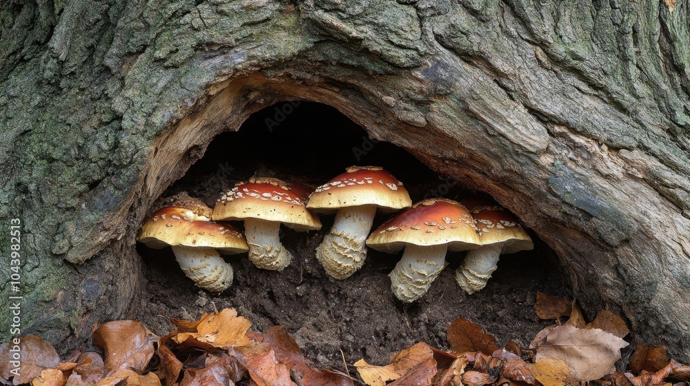 Mushrooms growing in the crevice of a tree, surrounded by leaves and natural woodland growth.