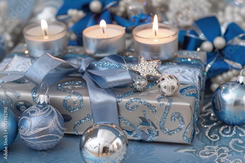 Elegant Hanukkah Gift Wrapping with Silver and Blue Ribbons for Holiday Shoppers photo