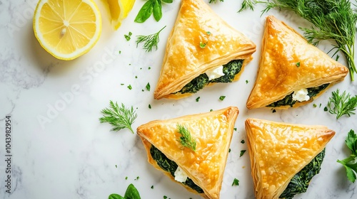 Golden puff pastry triangles filled with creamy spinach and feta, isolated on a white marble background, garnished with fresh herbs and lemon slices photo